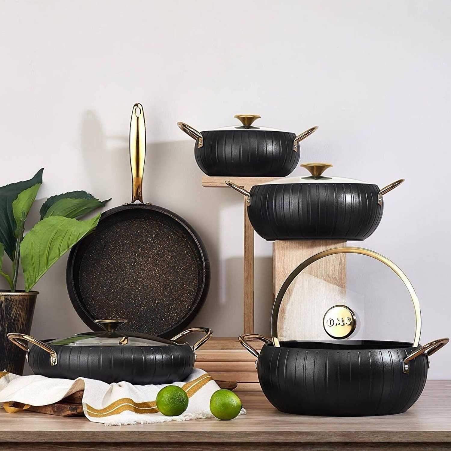 OMS 9 Pcs Meridyen Granite Cookware Set - Black
