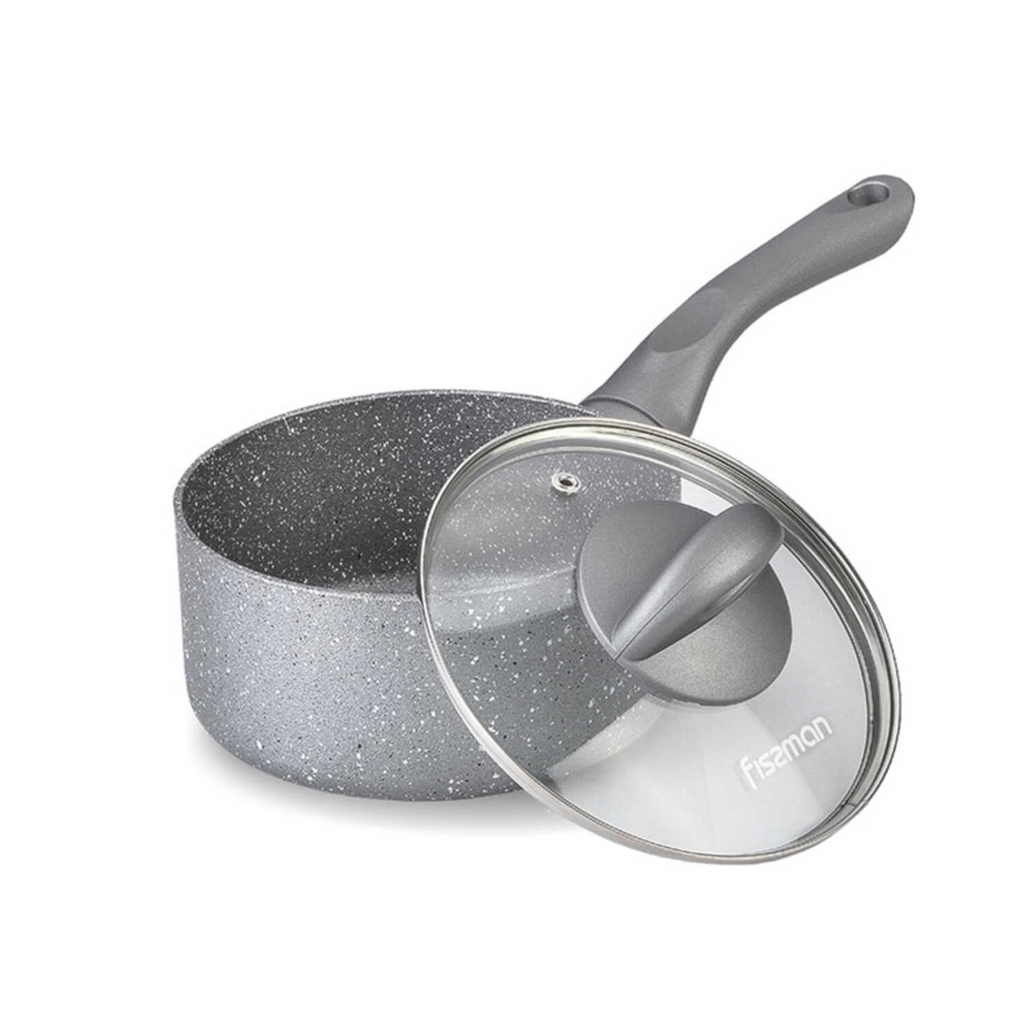 Fissman 6-Piece Aluminum Non-Stick Coating And Induction Bottom Cookware With Glass Lid Set Moon Stone Series Saucepan 16X8Cm/1.6Ltr. Casserole 20X9Cm/2.8Ltr. Casserole 24X11Cm Grey 4.9L