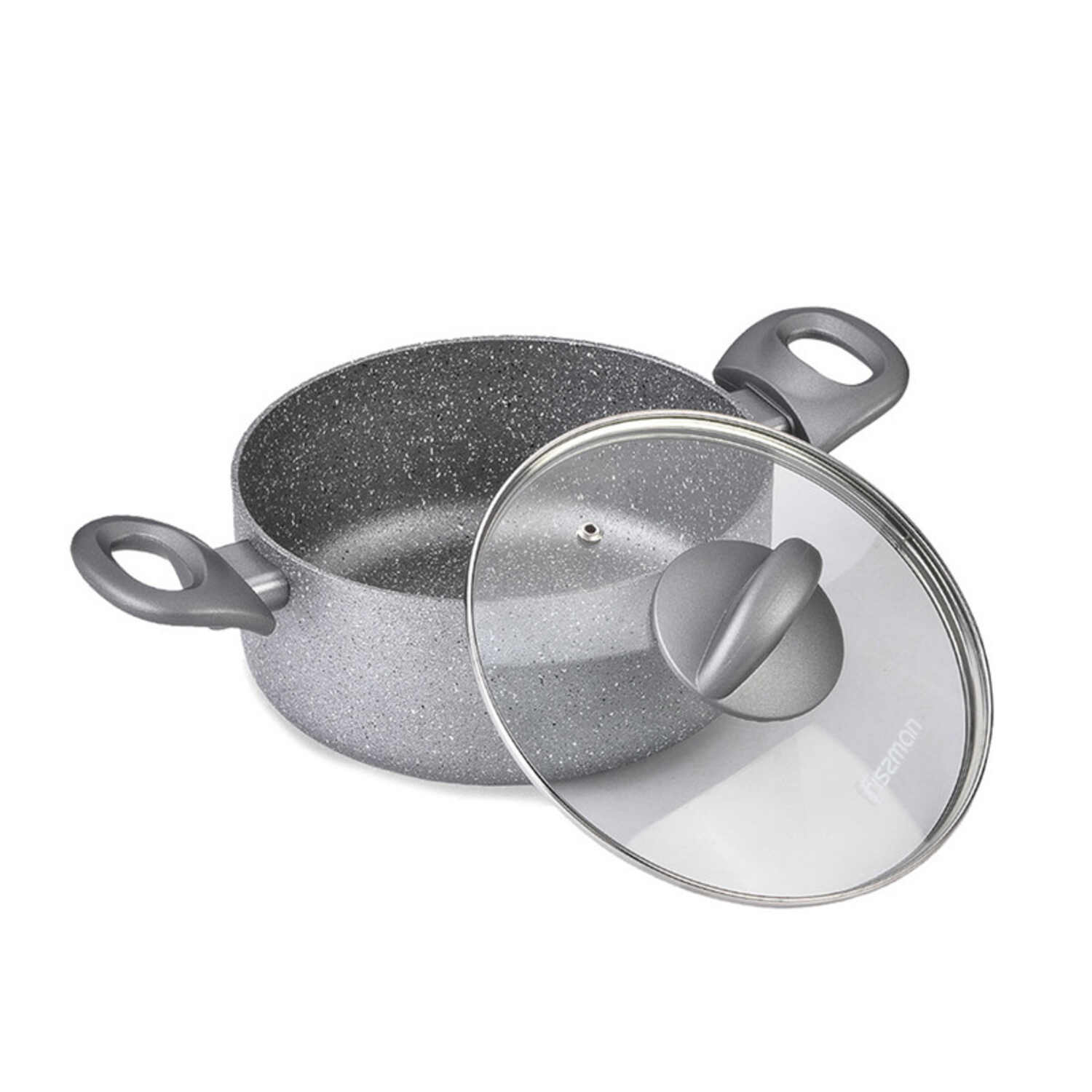 Fissman 6-Piece Aluminum Non-Stick Coating And Induction Bottom Cookware With Glass Lid Set Moon Stone Series Saucepan 16X8Cm/1.6Ltr. Casserole 20X9Cm/2.8Ltr. Casserole 24X11Cm Grey 4.9L