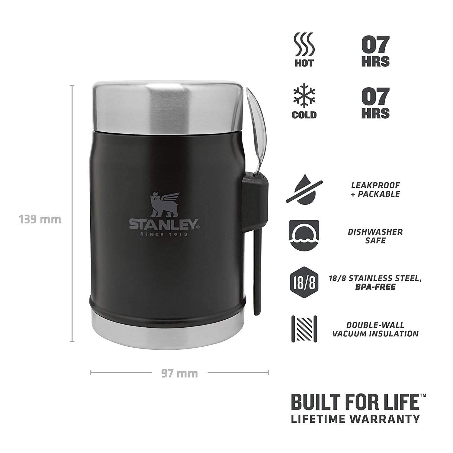 Stanley Classic Legendary Food Jar 0.4L / 14 OZ Matte Black with spork – BPA FREE Stainless Steel Food Thermos | Keeps Cold or Hot for 7 Hours | Leakproof | Lifetime Warranty | Dishwasher safe