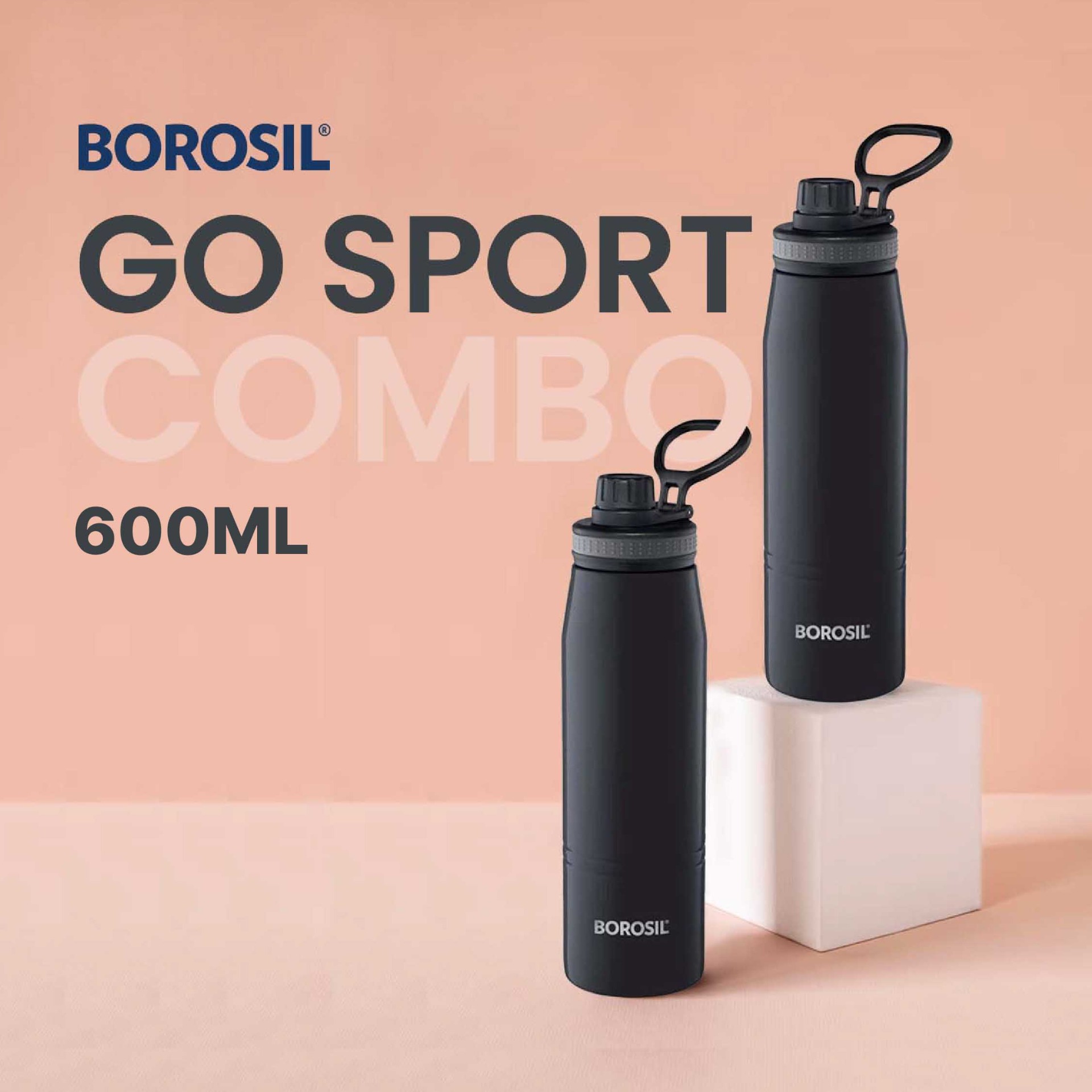 Borosil Vaccum Gosport Bottle Black 600Ml Double Combo