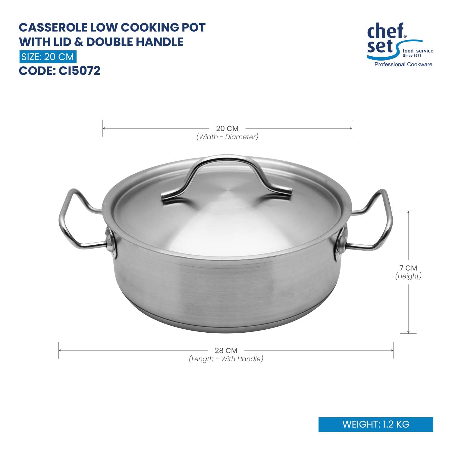 Chefset Steel Low Casserole Low Cooking Pot With Lid And Double Handle 20Cm