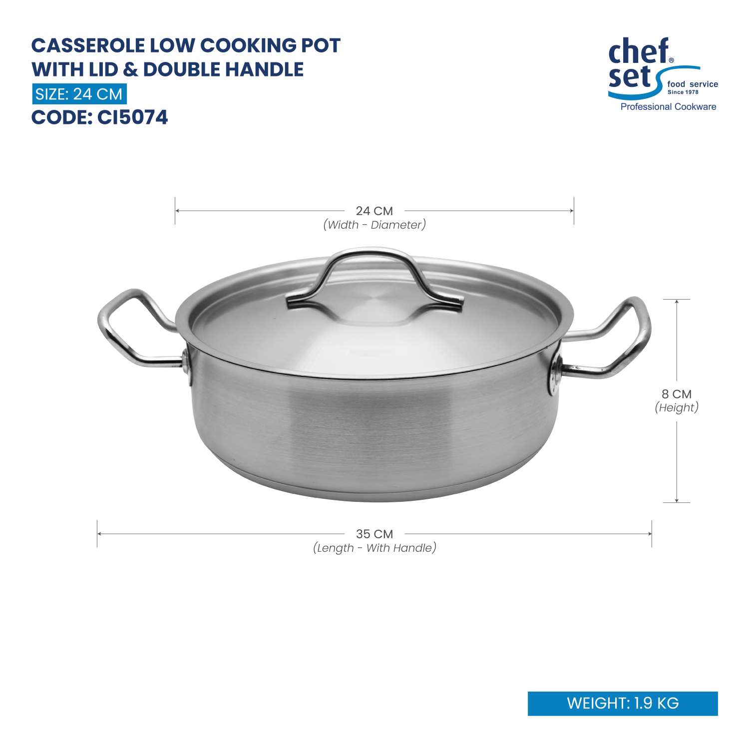 Chefset Steel Low Casserole Low Cooking Pot With Lid And Double Handle 24Cm