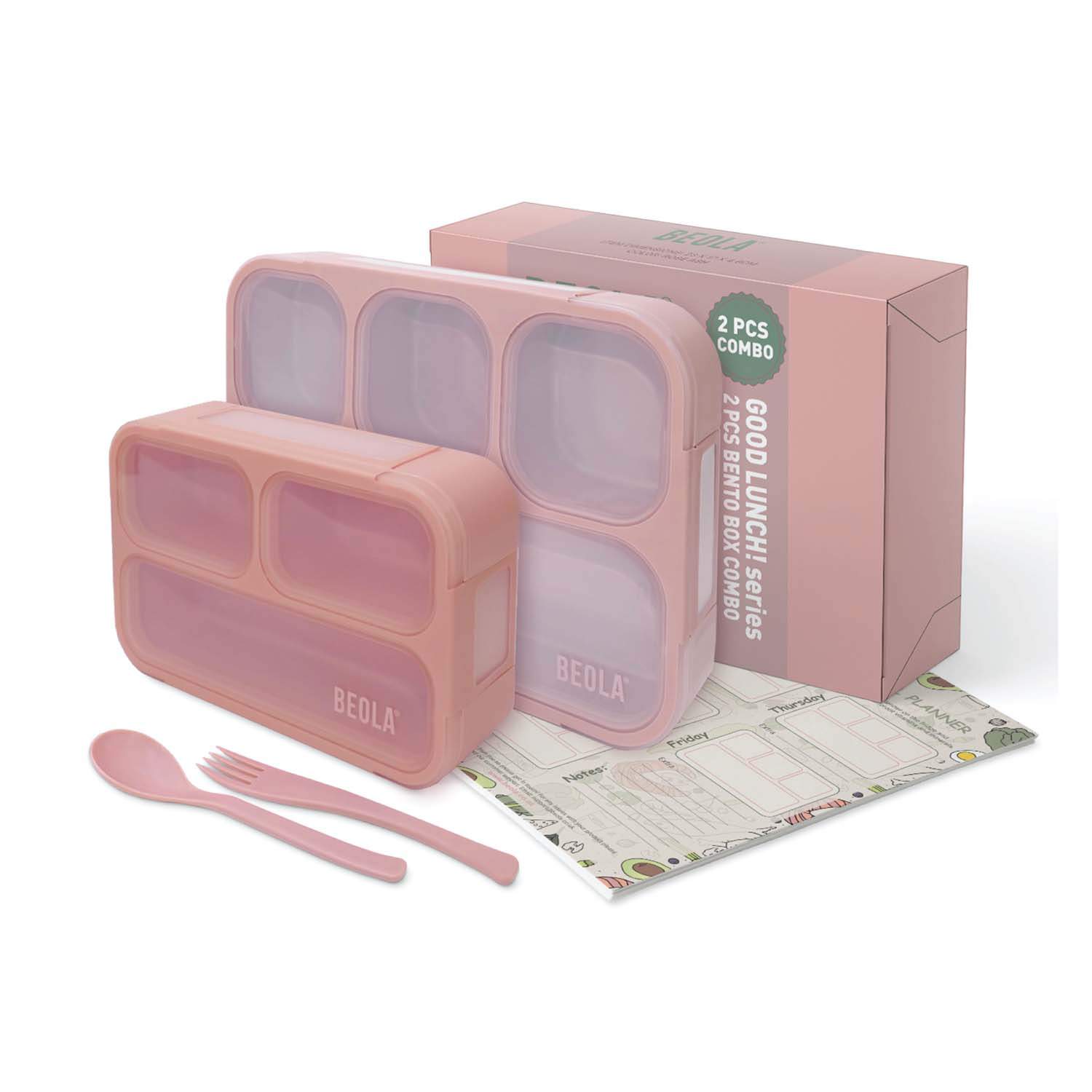 Beola Set Of 2 Lunch Boxes For Kids Adults, Multi Compartment Lunch Bento With Magnetic Meal Planner