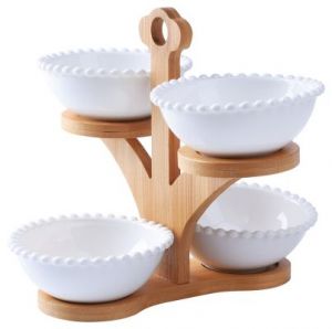 Orchid 3 Part Serving Bowl With Wooden Holder