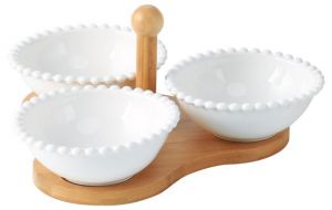 Orchid 3 Part Serving Bowl With Wooden Holder