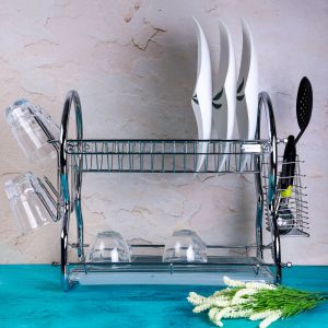 2 -Tier Stainless Steel Dish Drainer Rack - Utensil Holder, Drying Rack, With Plastic Trays & Organization Shelf - Compact, Durable & Easy To Assemble