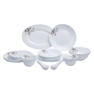 Royalford 34Pcs Opal Ware Dinner Set Floral Design Plates, Bowls, Spoons | Comfortable Handling | Perfect For Family Everyday Use, & Family Get Together, Restaurant, Banquet & More (White & Black)