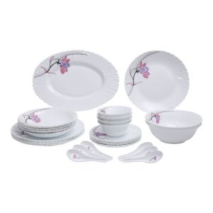 Royalford 34Pcs Opal Ware Dinner Set - Floral Design Plates, Bowls, Spoons | Comfortable Handling | Perfect For Family Everyday Use, & Family Get- Together, Restaurant, Banquet & More (Red Design)