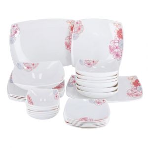 Royalford Rf9754 27Pcs Opal Ware Dinner Set - Floral Design Plates, Bowls | Comfortable Handling | Perfect For Family Everyday Use, & Family Get- Together, Restaurant, Banquet & More (Red & Blue Design)