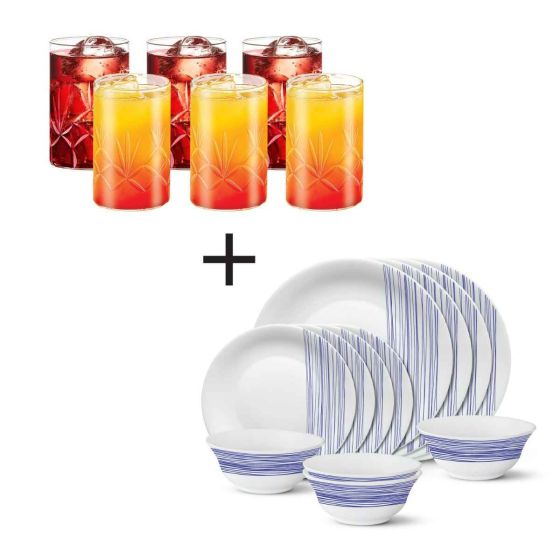 Larah Plano Opal Dinner Set (Set Of 12) + Cut Glass Medium 295 Ml Set Of 6 - 18