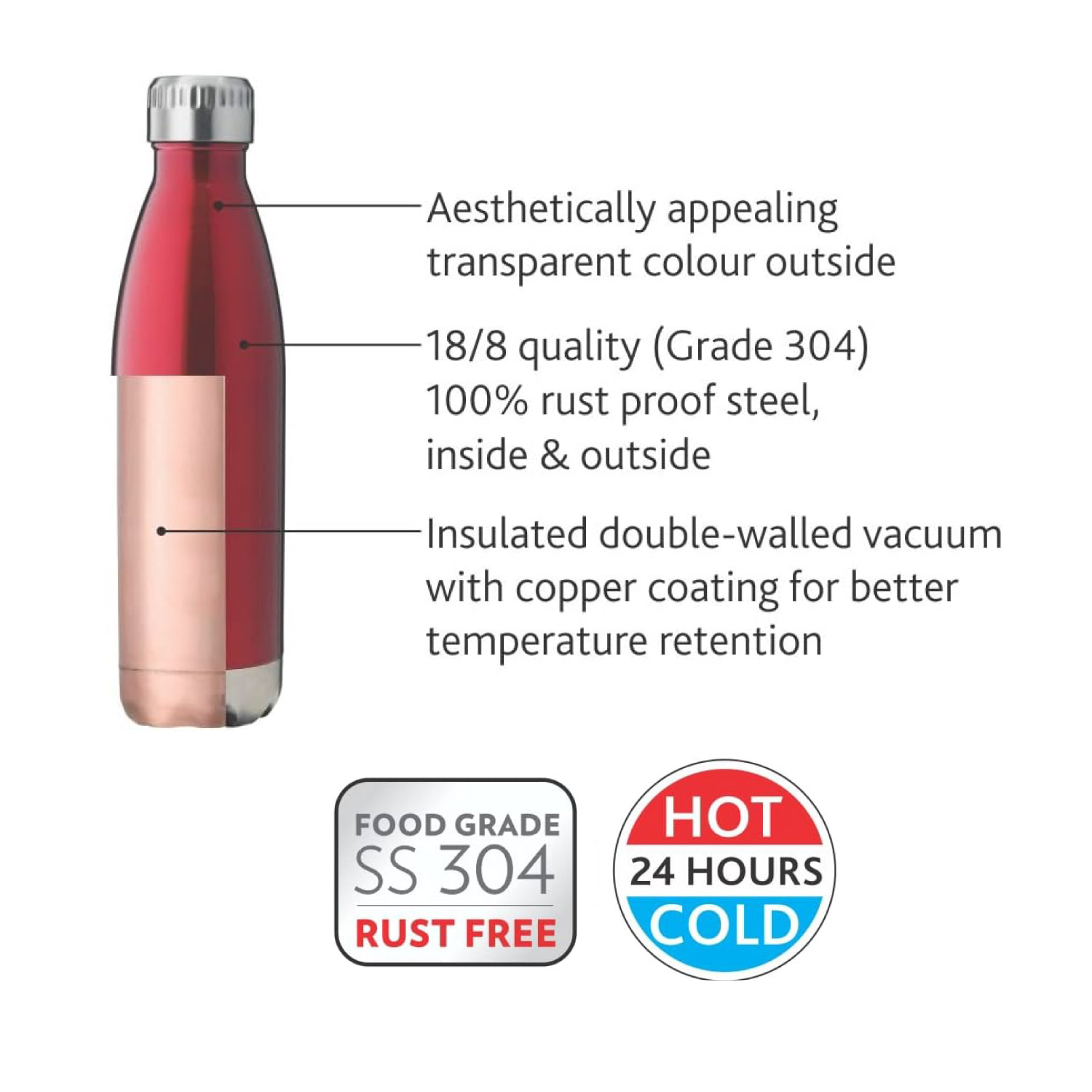 Borosil Vacuum Bolt Bottle Red - 500 ML