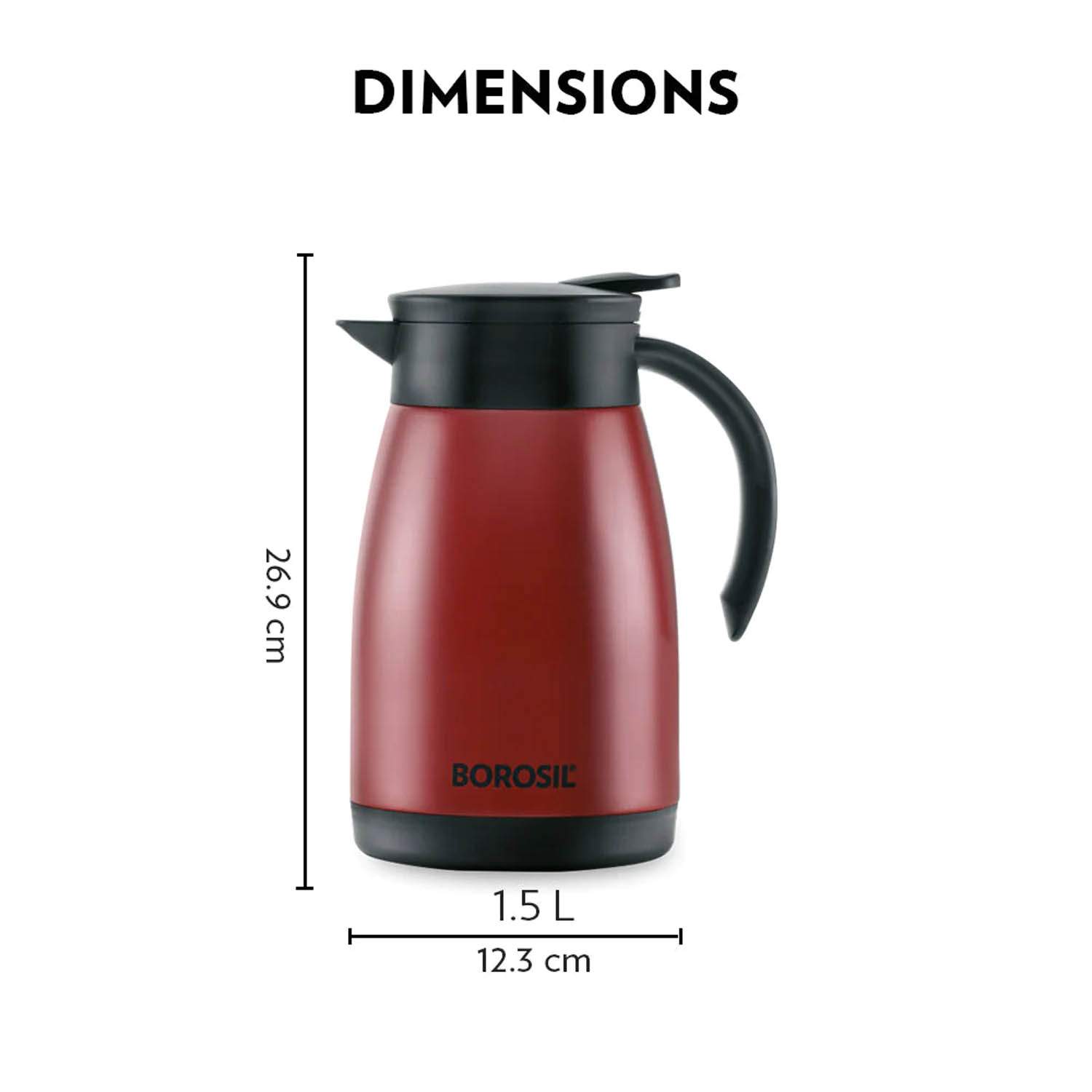 Borosil Vacuum Insulated Teapot Flask - Stainless Steel - 1.5 Litre - FLKT15RED20