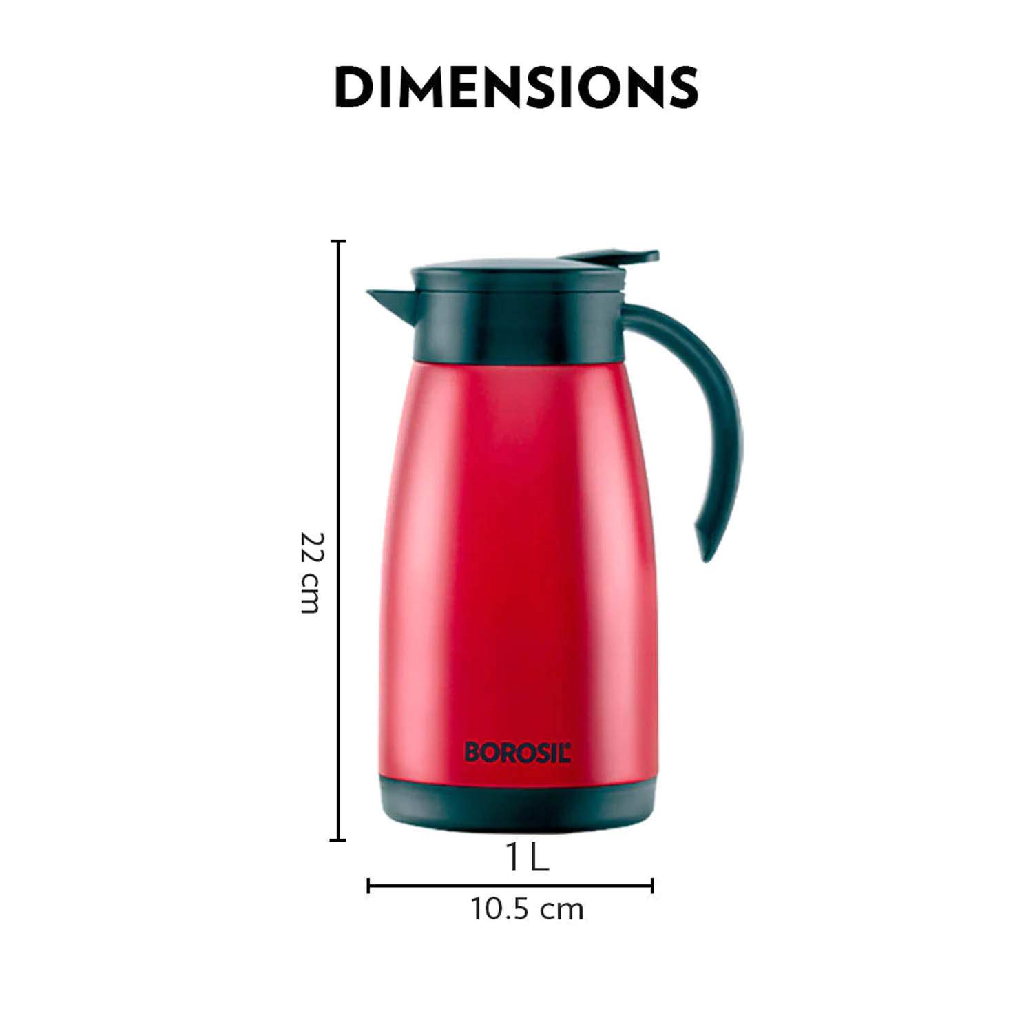 Borosil Vacuum Insulated Teapot Flask - Stainless Steel - 1 Litre - FLKT1LRED13