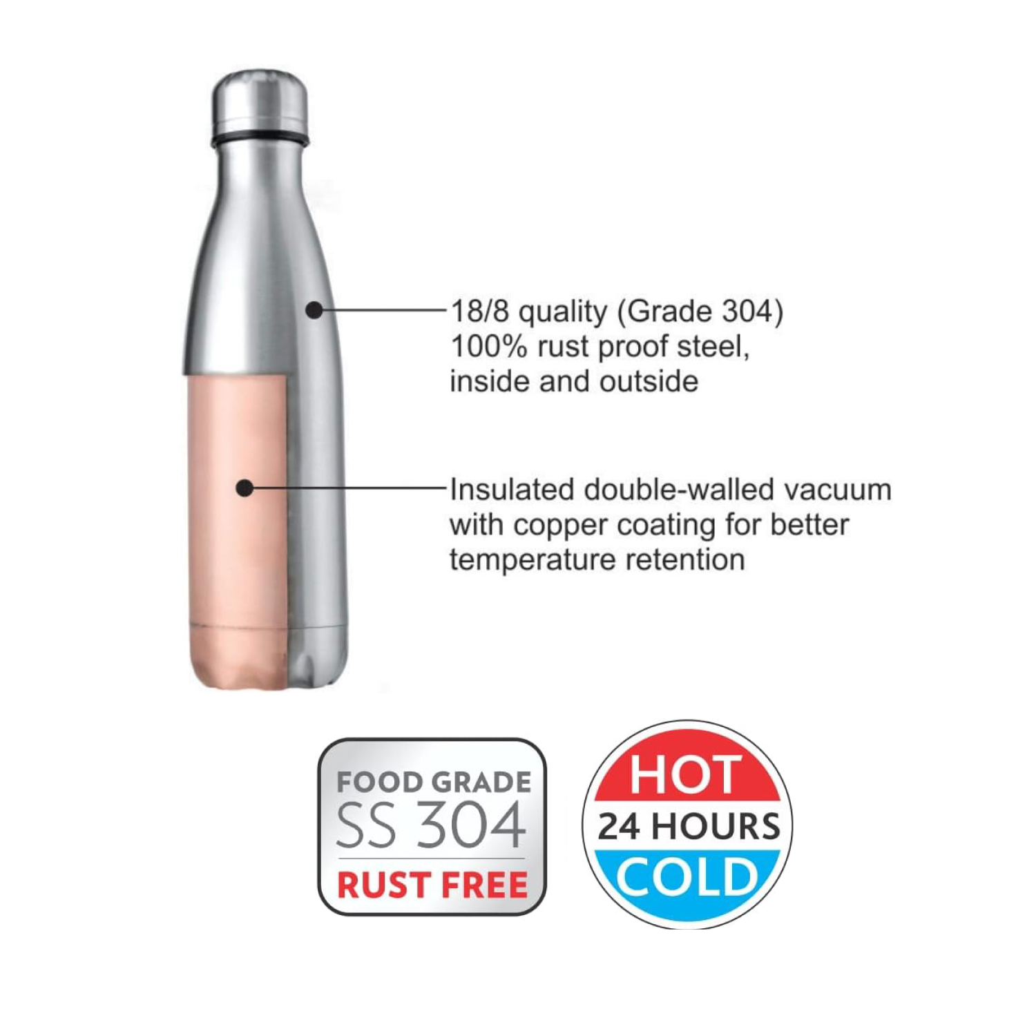 Borosil Vacuum Bolt Bottle Steel - 500 ML