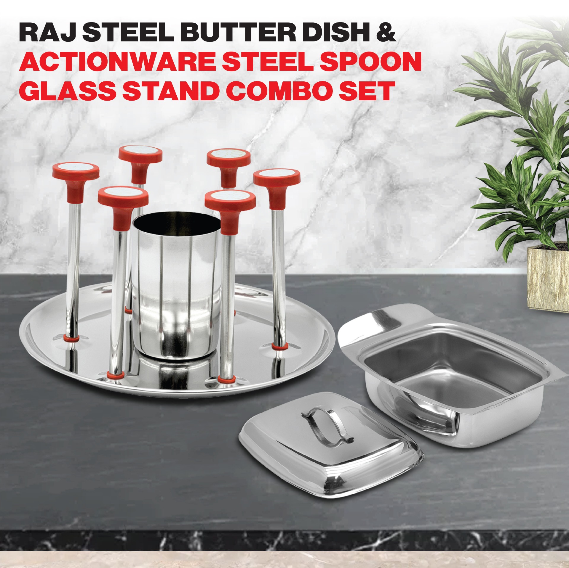 Raj Steel Butter Dish and Actionware Steel Spoon And Glass Stand Combo Set