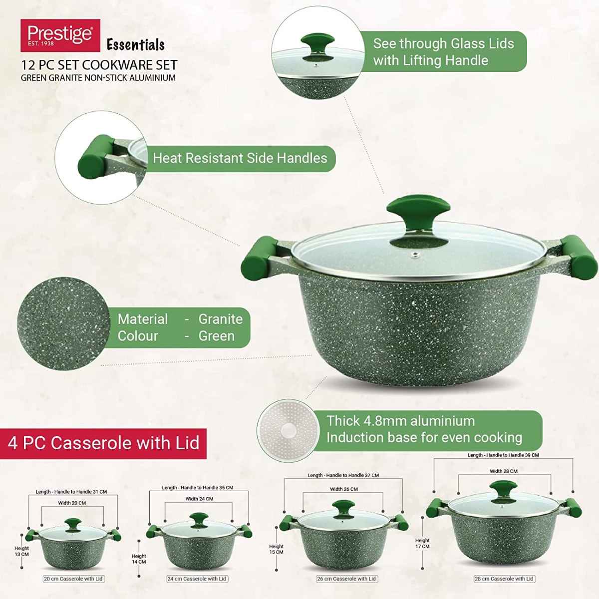 Prestige Essentials 12 pc Cookware set Green Granite Non-Stick Aluminium



