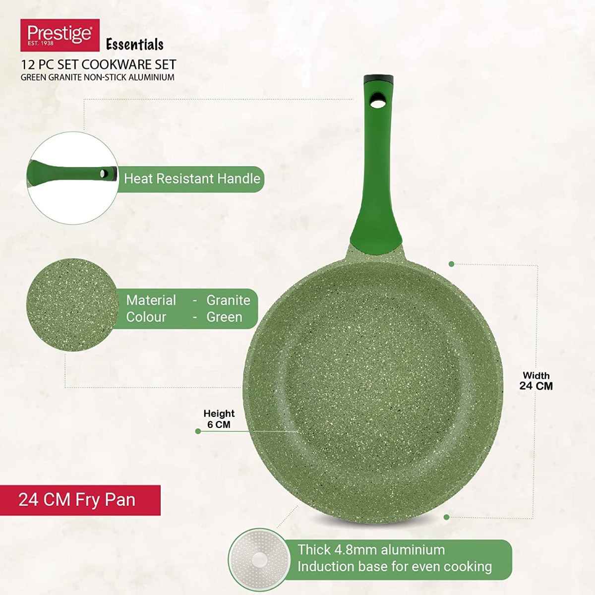 Prestige Essentials 12 pc Cookware set Green Granite Non-Stick Aluminium



