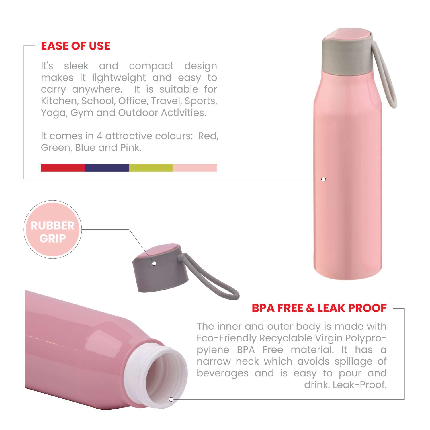 Selvel Bolt Plastic Water Bottle Pink 500Ml