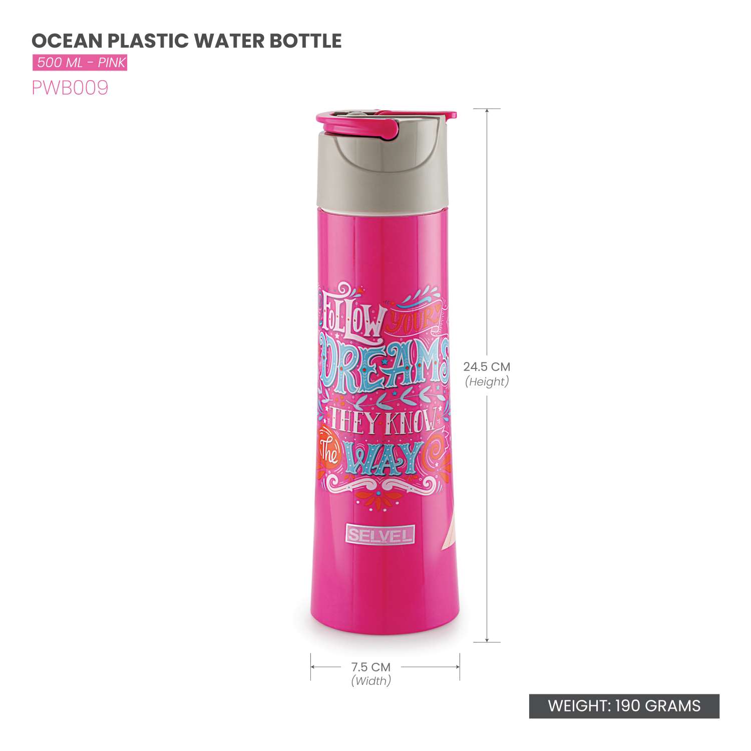 Selvel Ocean Plastic Water Bottle Pink 500Ml