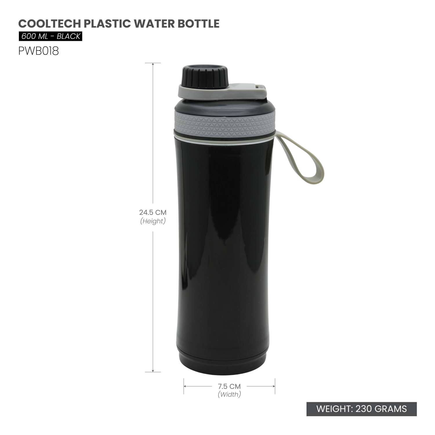 Selvel Cooltech Plastic Water Bottle Black 600Ml