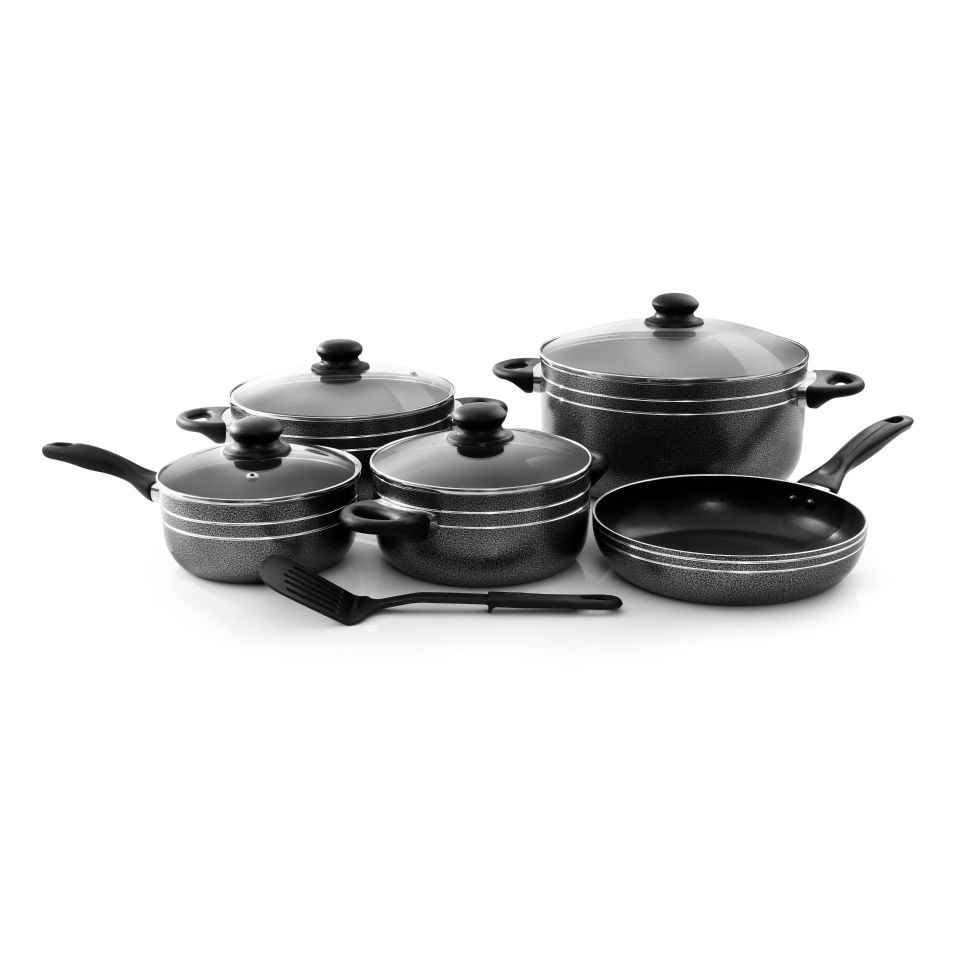 Royalford Rf7065 10 Pcs Non-Stick Cookware Set - Heat Resistant Handles Scratch Resistant, Tempered Glass Lids, Uniform Heat, Bakelite Knobs, And Evenly Heating | Nylon Slotted Turner