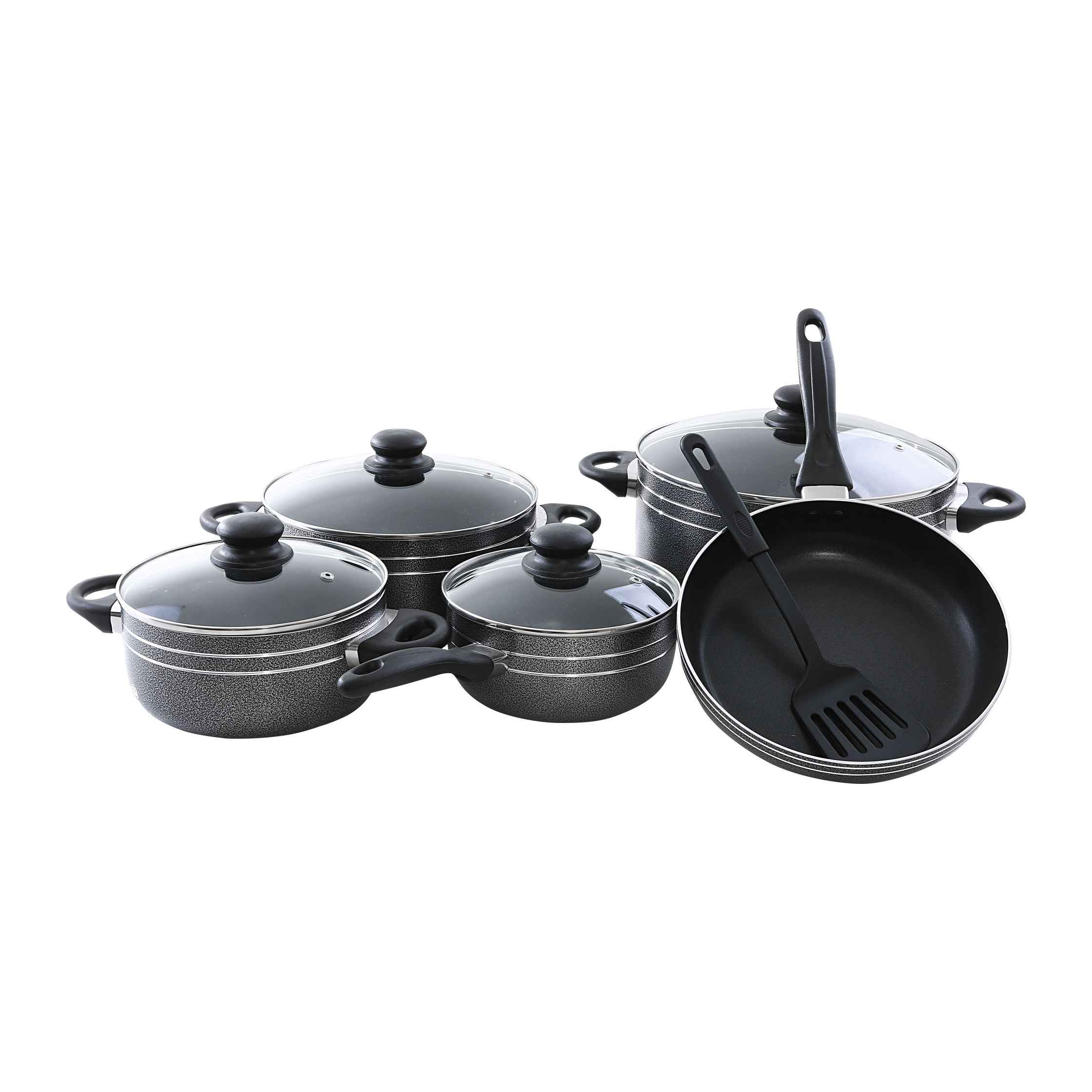 Royalford Rf7065 10 Pcs Non-Stick Cookware Set - Heat Resistant Handles Scratch Resistant, Tempered Glass Lids, Uniform Heat, Bakelite Knobs, And Evenly Heating | Nylon Slotted Turner