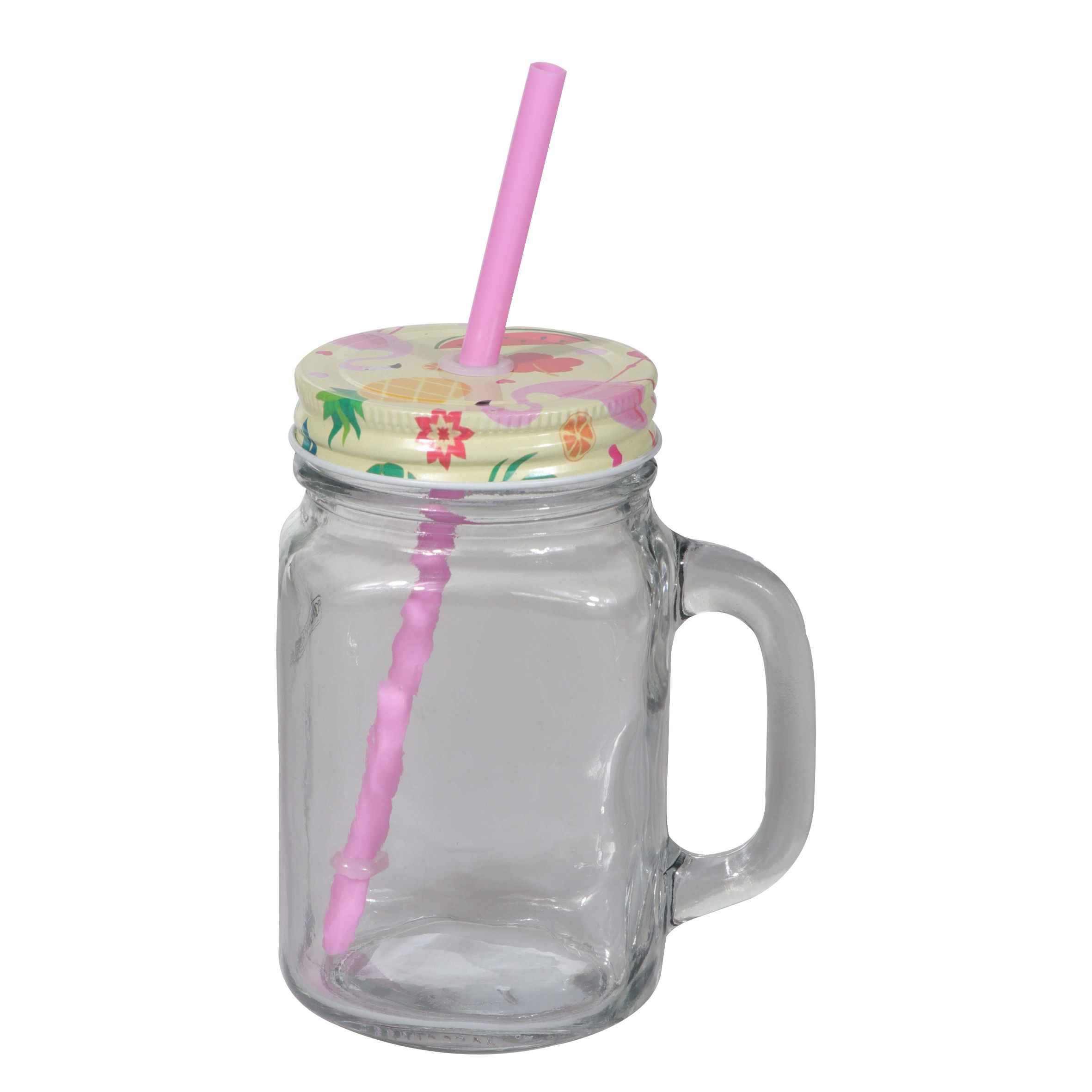 Royalford 500Ml Summer Time Mamsomn Jar - Clear Glass Wide Mouth With Lid & Straw | Drinking Jar Vintage Retro Garden Terrace | Ideal For Juice, Cocktails, Cold Coffee & Beverages