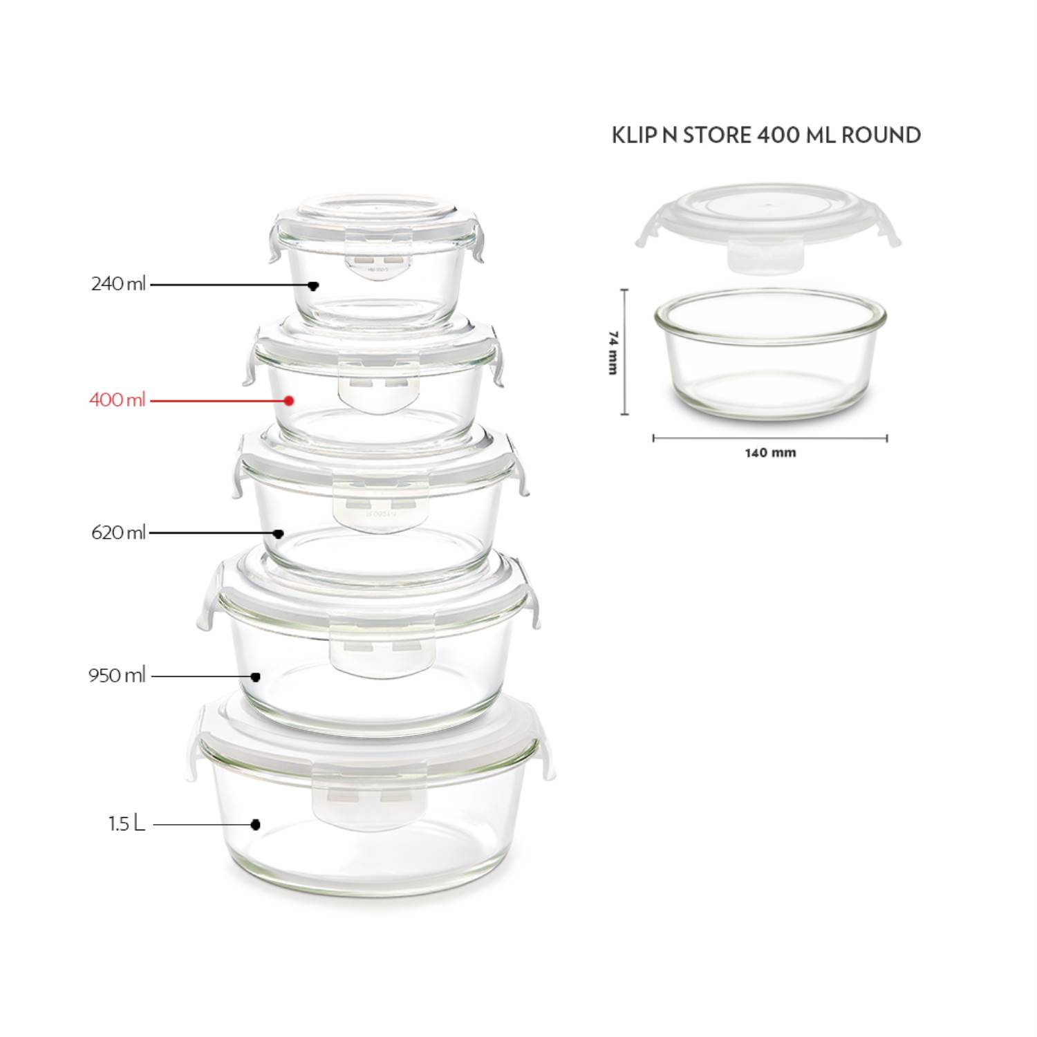 Borosil Klip-N-Store Round Glass Storage Container With Air Tight Lid 