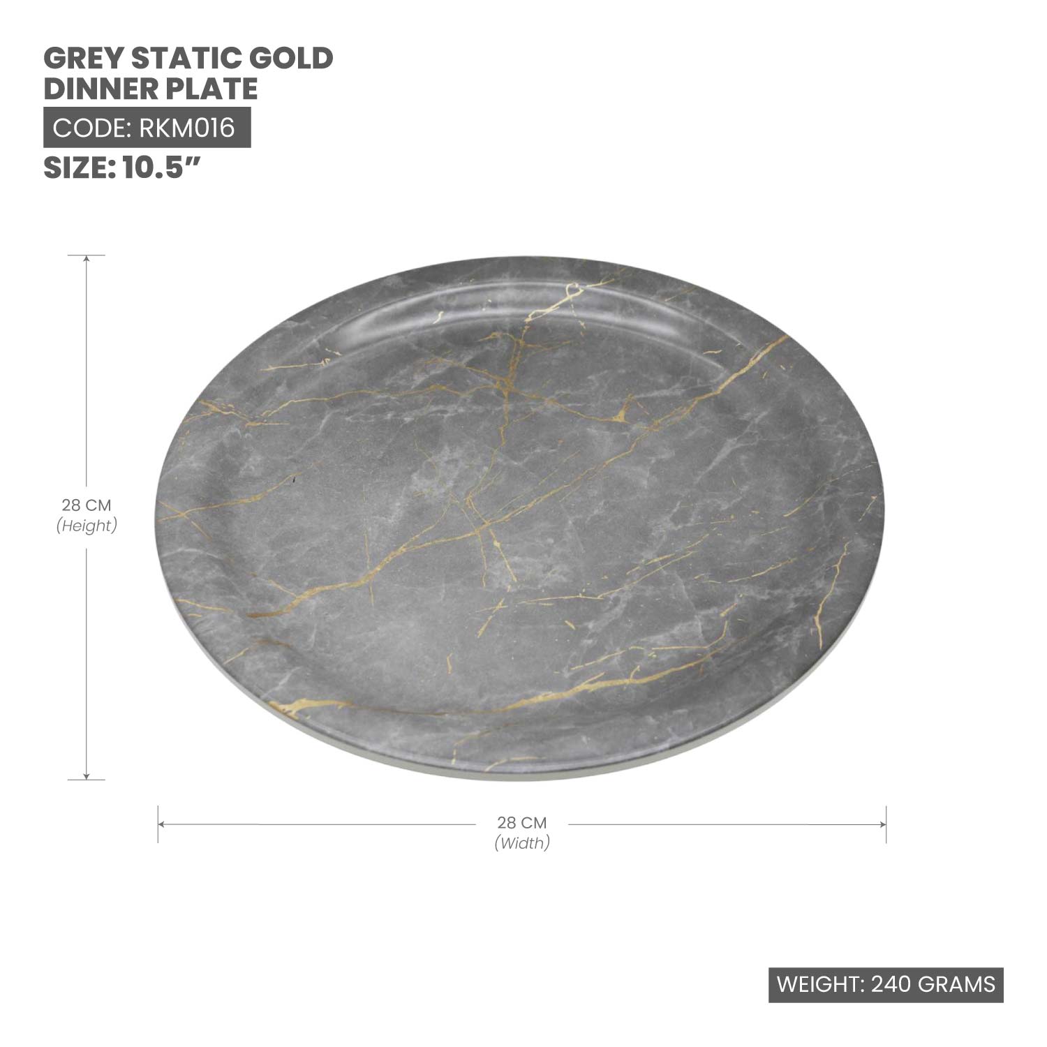 Rk Grey Static Gold Melamine Dinner Plate 10.5"